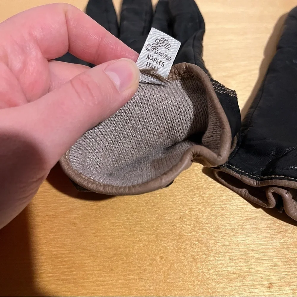 Vintage Fratelli Forino Gloves Size Women 7.5 Black Brown Cashmere Lined Leather